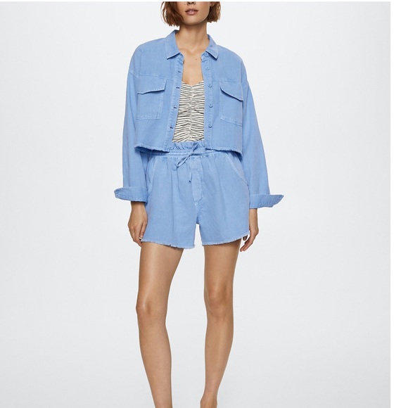 Mango pull on denim style paper bag high waisted shorts with drawstring - Picture 3 of 8